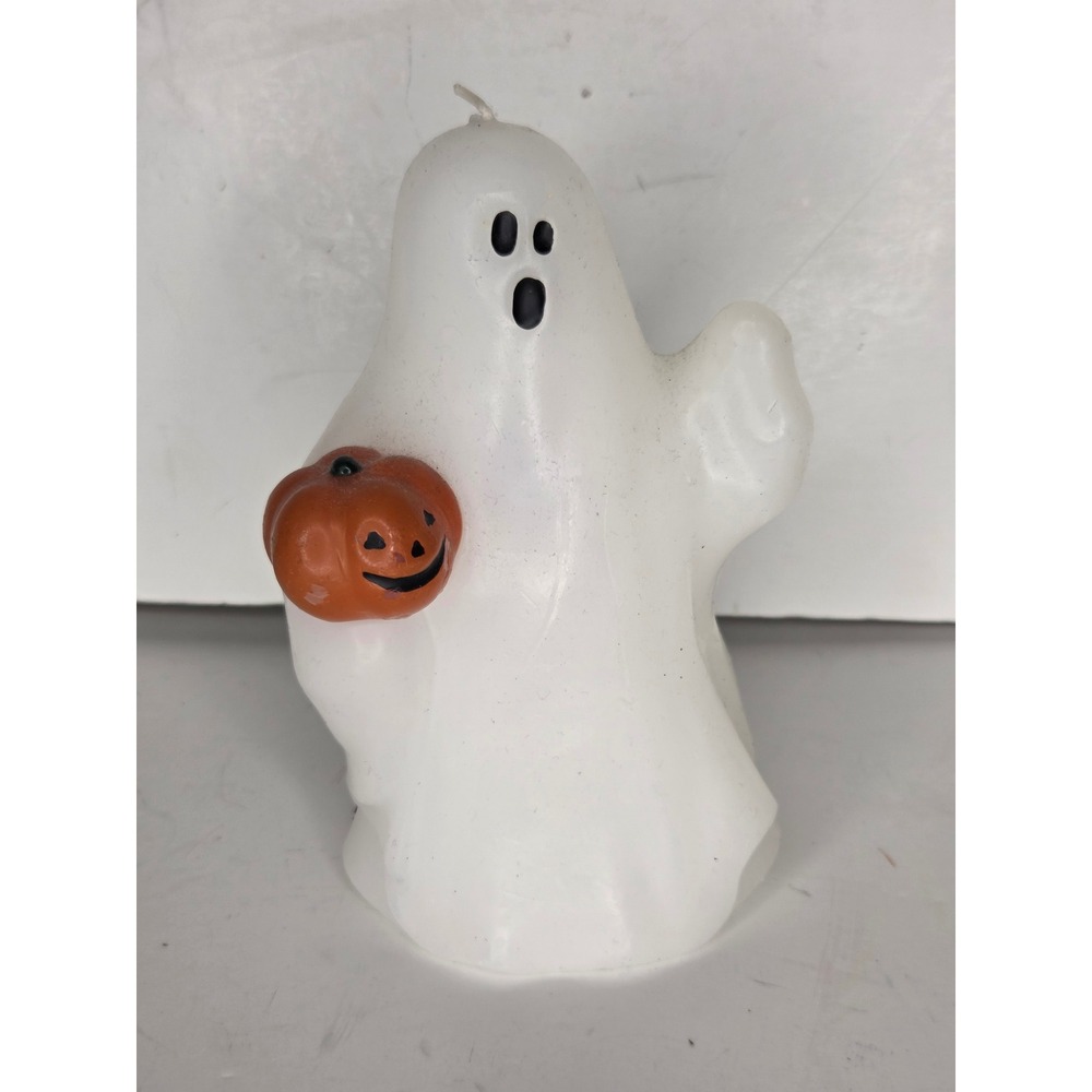 Mainstays Halloween Ghost Candle White Wax Figural Holding Pumpkin